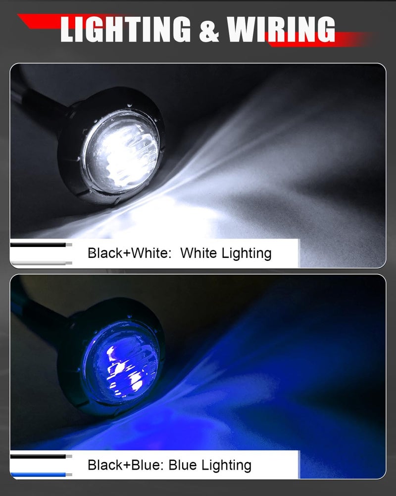 BJZ 3/4" Round Trailer Marker LED Lights Blue to White Dual Color Side Clearance Tail Bullet Light 12V 4LED Indicator Light w/Clear Lens for Trailer Truck Van RV ATV Bus, 10Pcs - Image 2